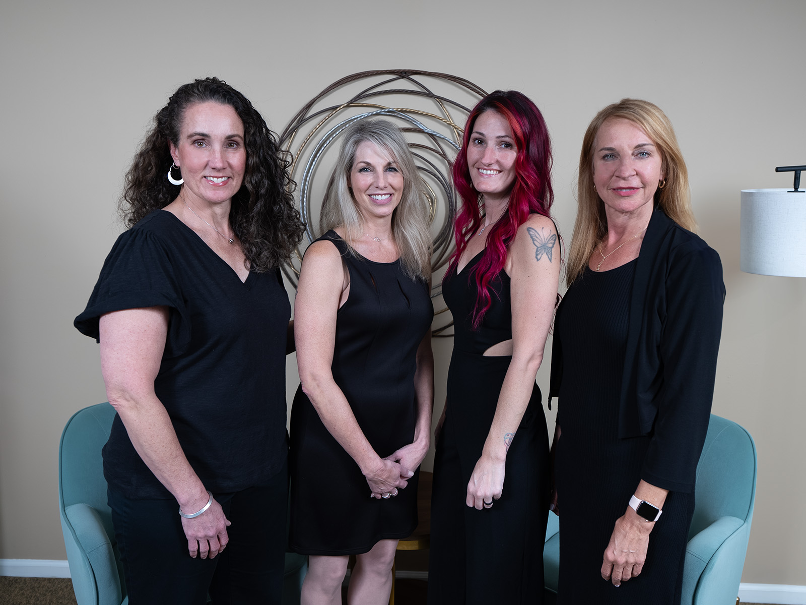 The Kuhar Cosmetics Team. From Left to Right: Nicole Oswald, MD - Aesthetic Injector; Lavonne Gifford, LE - Esthetician; Stephanie Mandell, LE - Esthetician; Kim Kuhar, DO - Aesthetics Injector